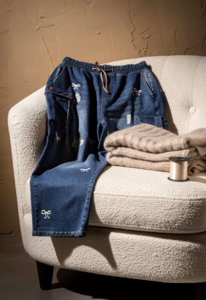 Bow Embroidery Denim Cargo Pants - Image 3