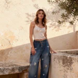 Bow Embroidery Denim Cargo Pants