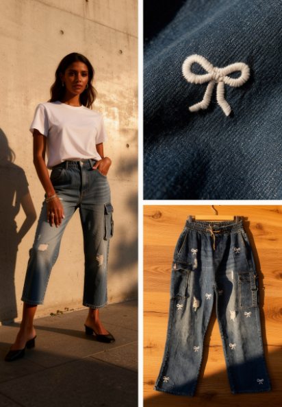 Bow Embroidery Denim Cargo Pants - Image 2